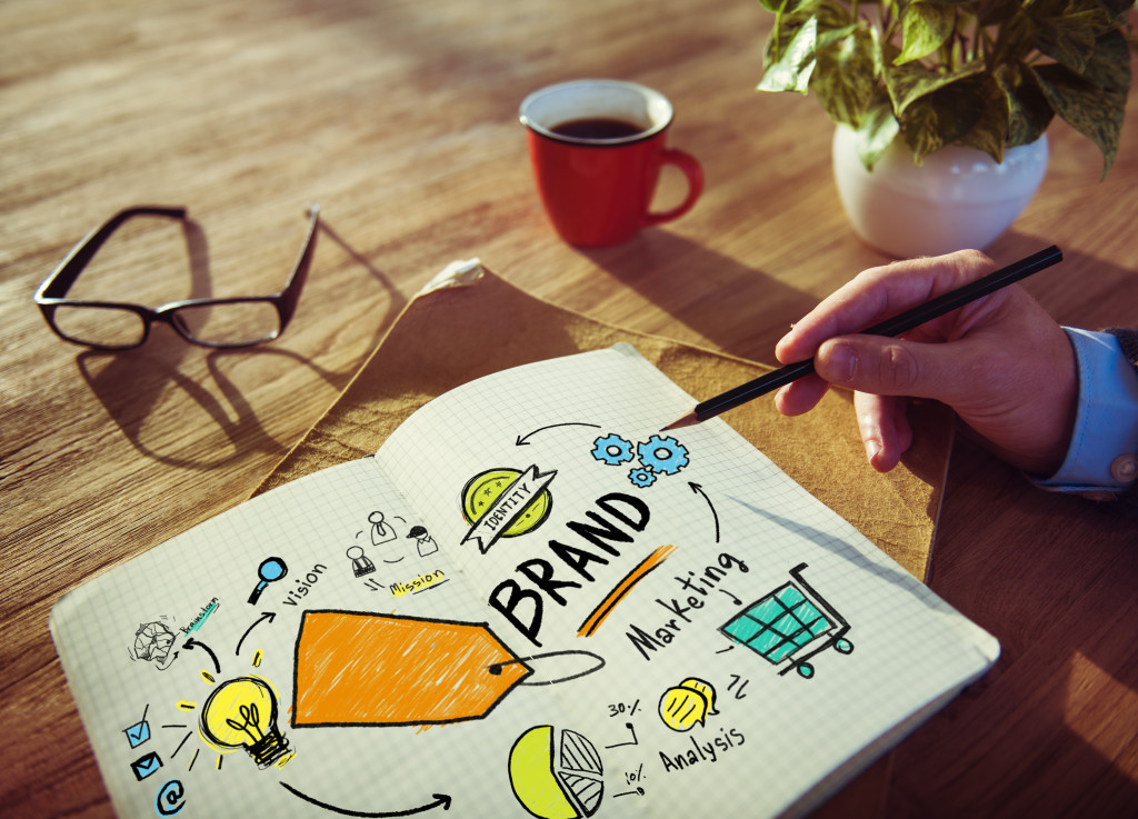 A business owner's hand holding a pen over a notebook with icons and words related to branding, marketing, and ideas scribbled on it