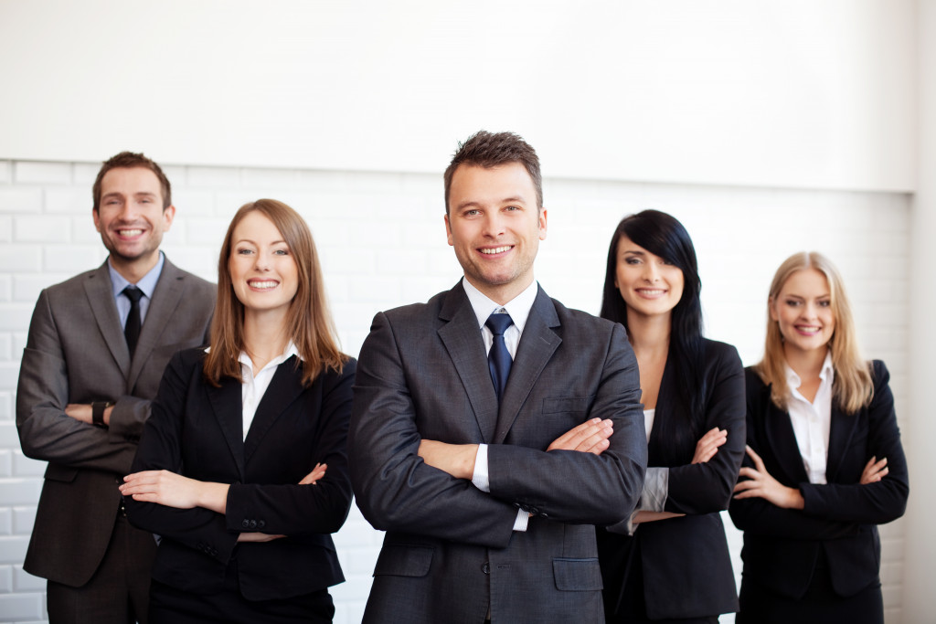 Business professionals standing in an office